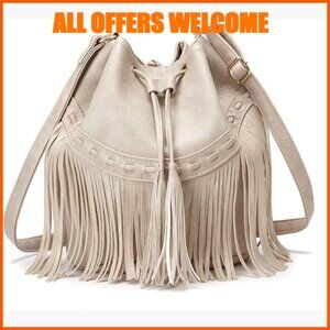 Faux Leather Bucket Bag with Drawstring and Tassel Crossbody Shoulder Hobo